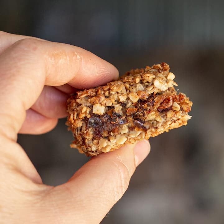 Close up hand holding a piece of flapjack