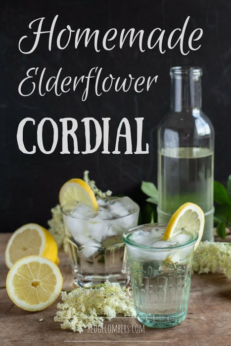 glass bottle of homemade elderflower cordial with lemons, flowers and glasses piled high with cordial and ice