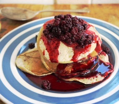 Drop Scones with Blackberry & Lemon on a blue and white plate