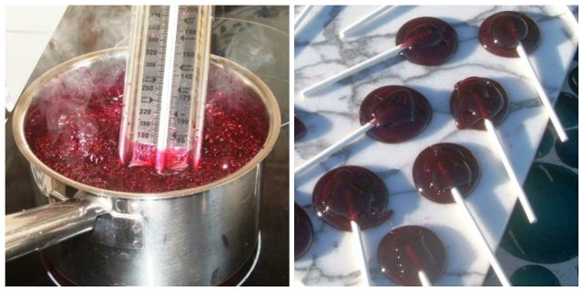 1 image of boiling blackberry syrup and 1 image of homemade blackberry lollipops on a marble sheet, one of my 25 Homemade Christmas Gift Ideas