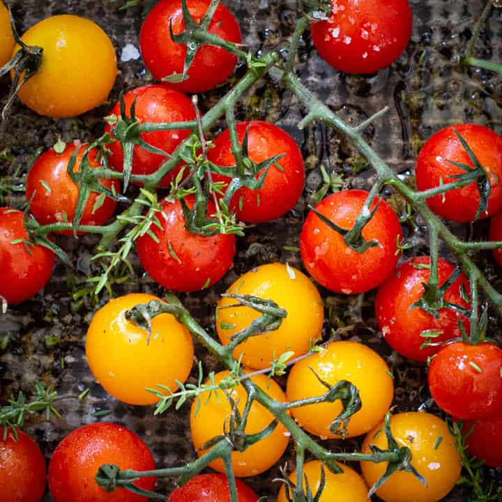 red and yellow cherry tomatoes on the vine in a black baking tray ready for roasting