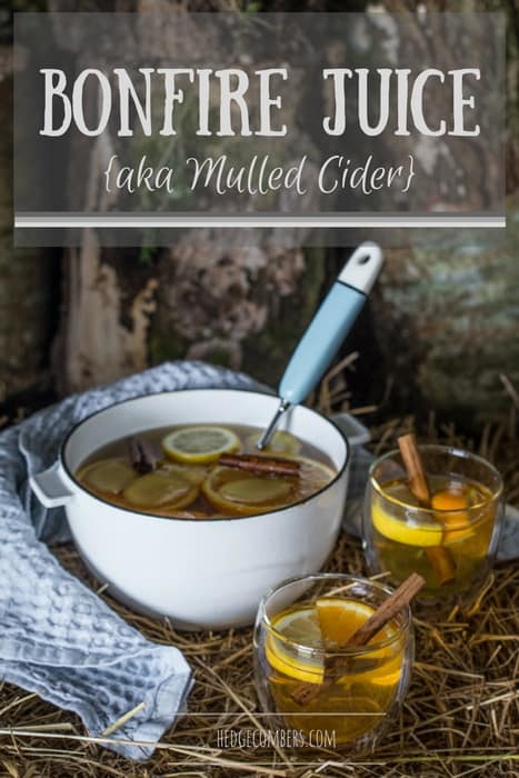 Two full glasses and a pan of hot Mulled scrumpy cider on straw bale 