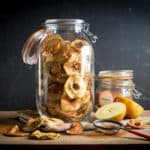 Glass jar filled with dried apple rings that have been dusted with cinnamon