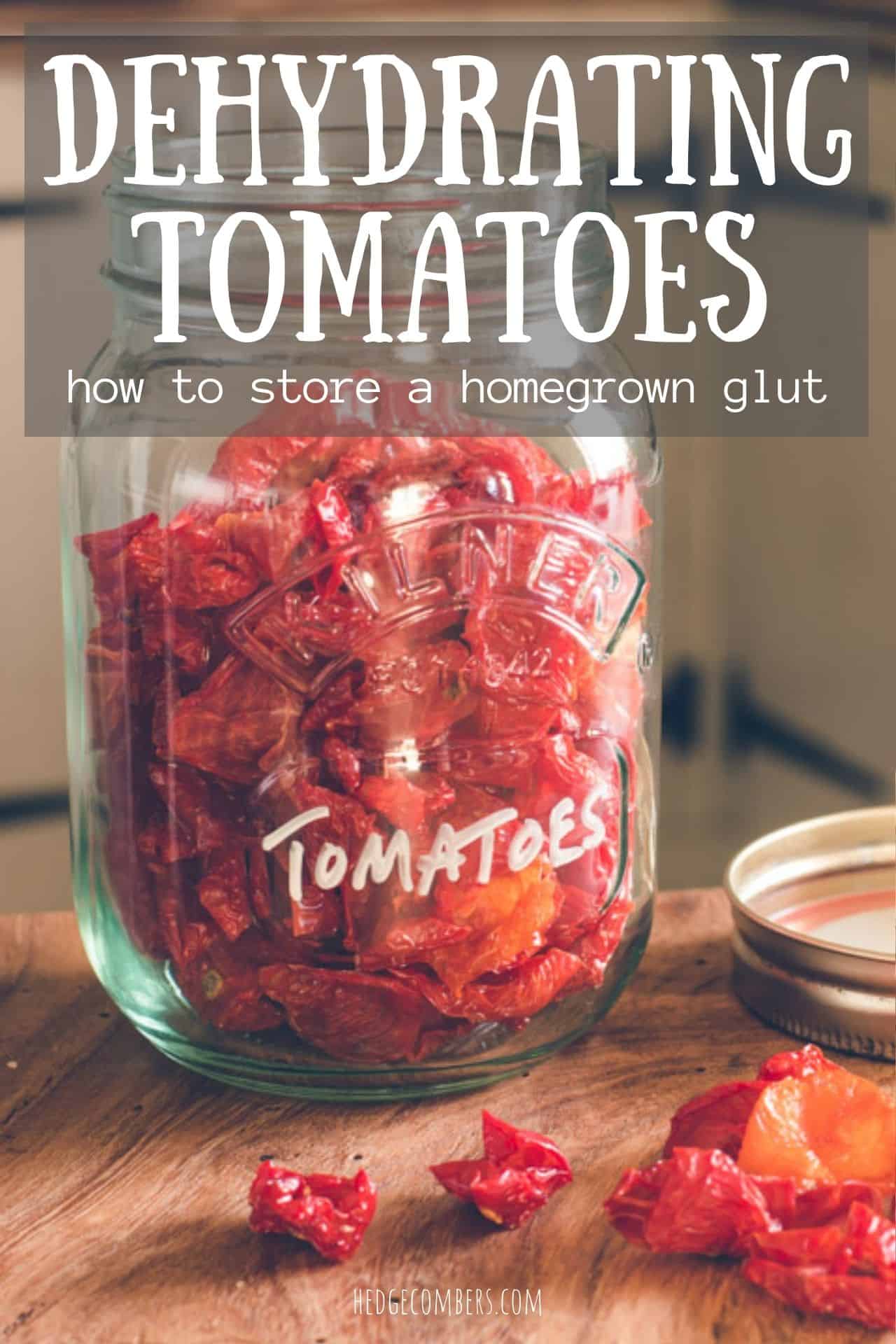 glass jar on wooden kitchen counter filled with dried cherry tomatoes