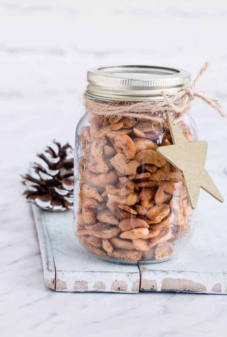 Glass jar of spicy roasted cashew nuts, one of my 25 Homemade Christmas Gift Ideas