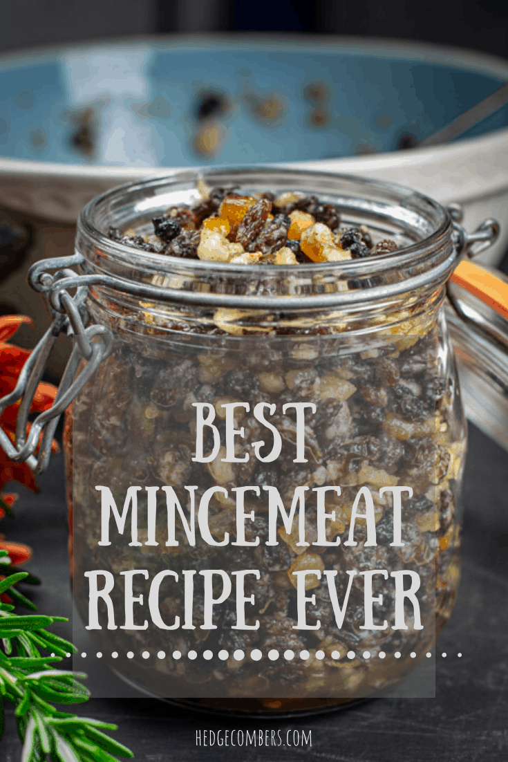 Glass jar of mincemeat with words 'Best Mincemeat Recipe Ever' in front of it