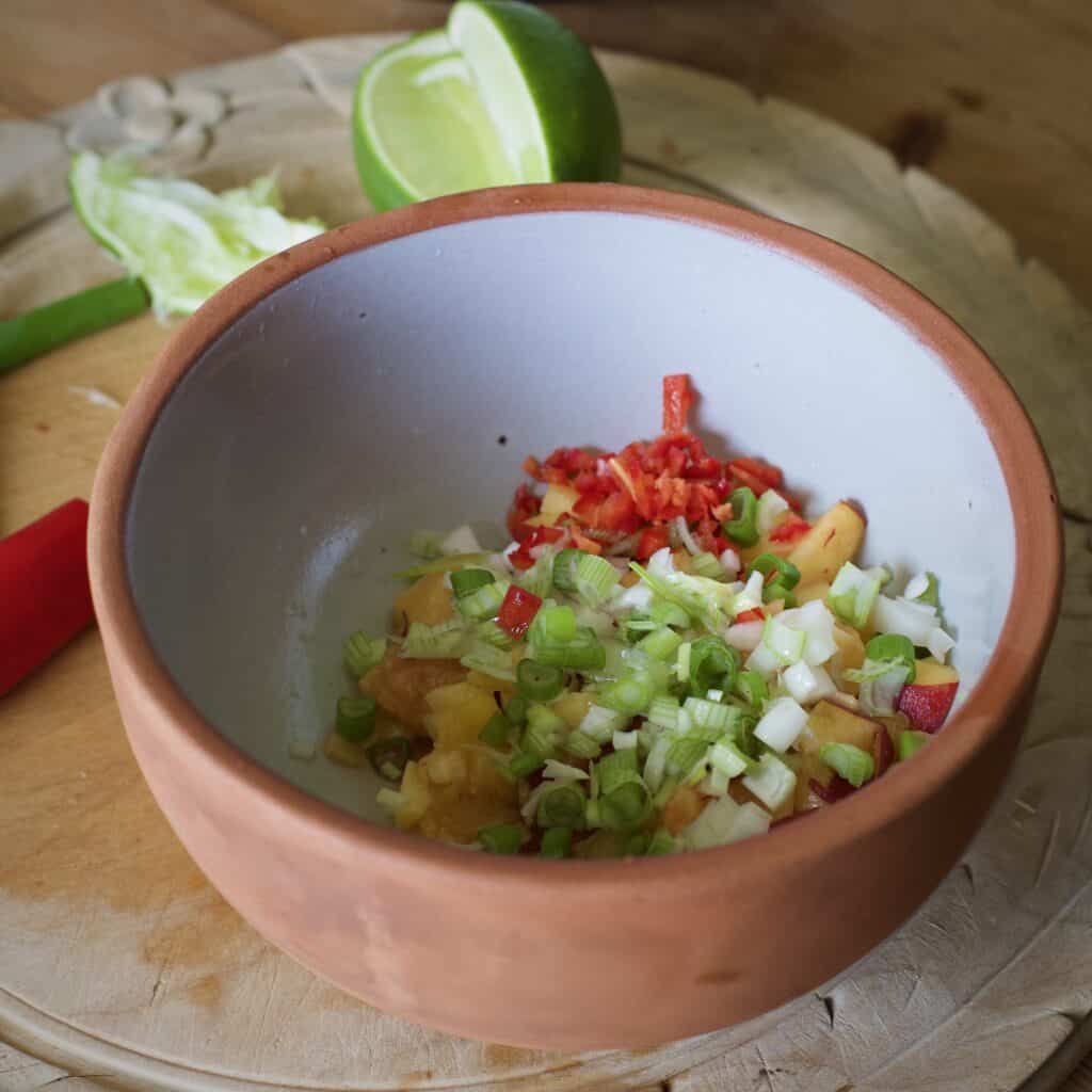 Small terracotta bowl with chopped peach, chilli and spring onions in