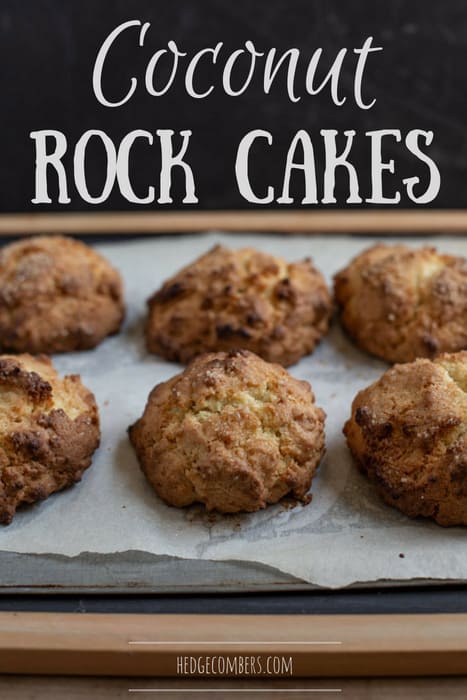 freshly baked coconut rock cakes on a baking sheet