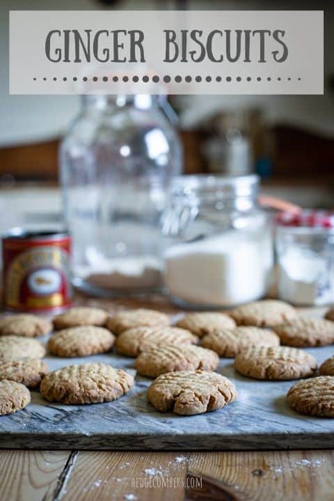 messy kitchen with baking supplies and a fresh batch of ginger biscuits on the wooden counter