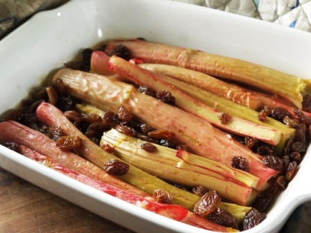 Poached Rhubarb  in a  baking dish for Rhubarb Slices