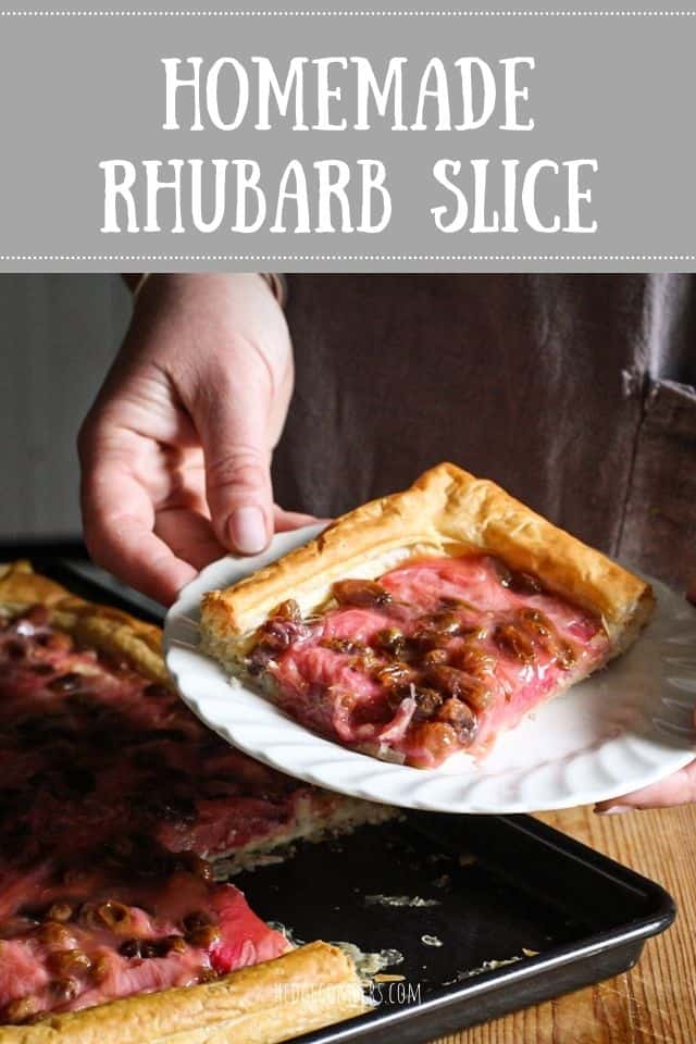 Woman holding a small white plate of hot, freshly baked rhubarb slice over the full rhubarb tart 