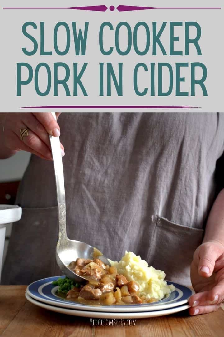 Woman serving up slow cooker pork in cider from a silver ladle onto a blue and white plate