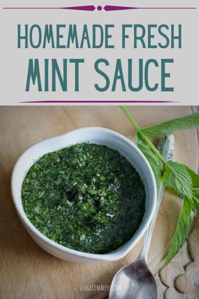 Small white bowl filled with fresh home made mint sauce on a wooden chopping board