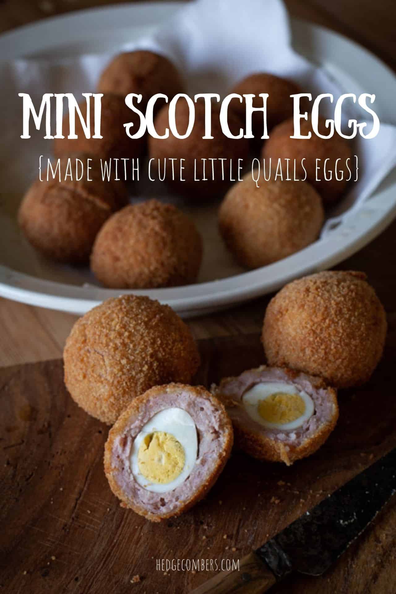 wooden board with white bowl filled with golden brown mini scotch eggs, and one scotch egg cut in half to show the centre