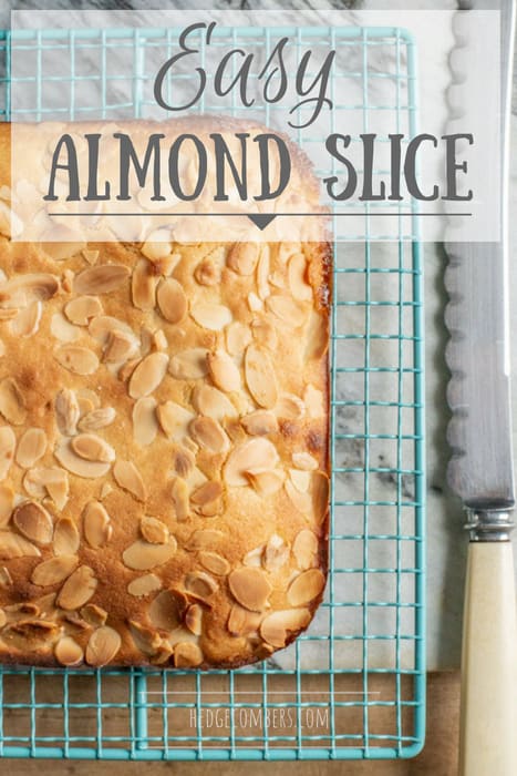 freshly baked almond slice on cooling rack with vintage bread knife