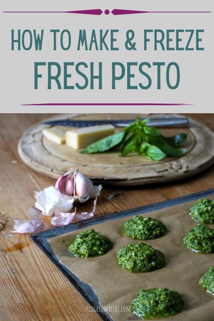 Baking tray with little piles of homemade pesto ready to freeze