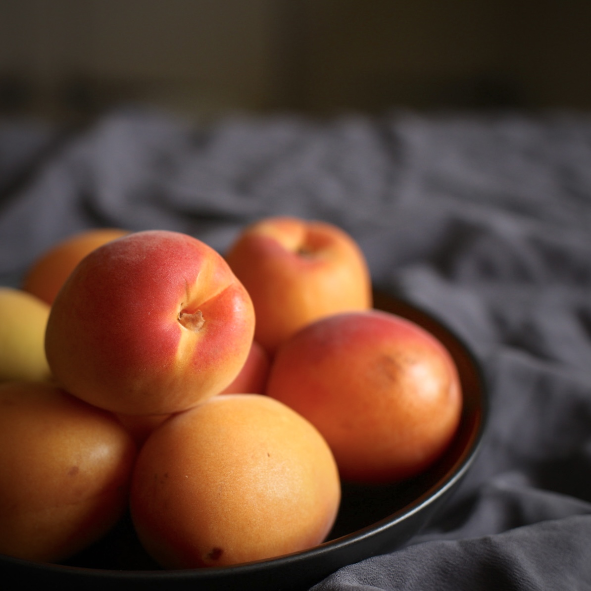 Bright orange apricots with a a red blush in a black bowl on a grey background
