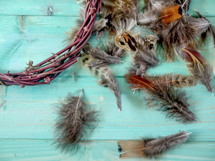 hand made pheasant feather wreaths against a blue wooden background