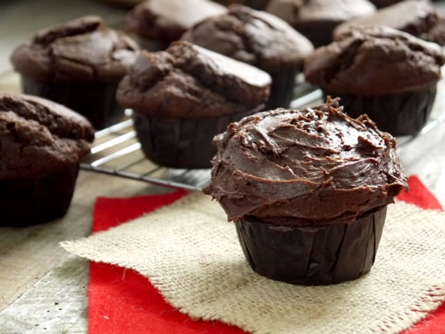 Chilli Chocolate Muffins with Chilli Choc Fudge Frosting on a cooling tray