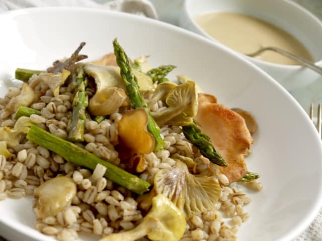 Roast Asparagus, Oyster Mushroom and Pearl Barley Salad