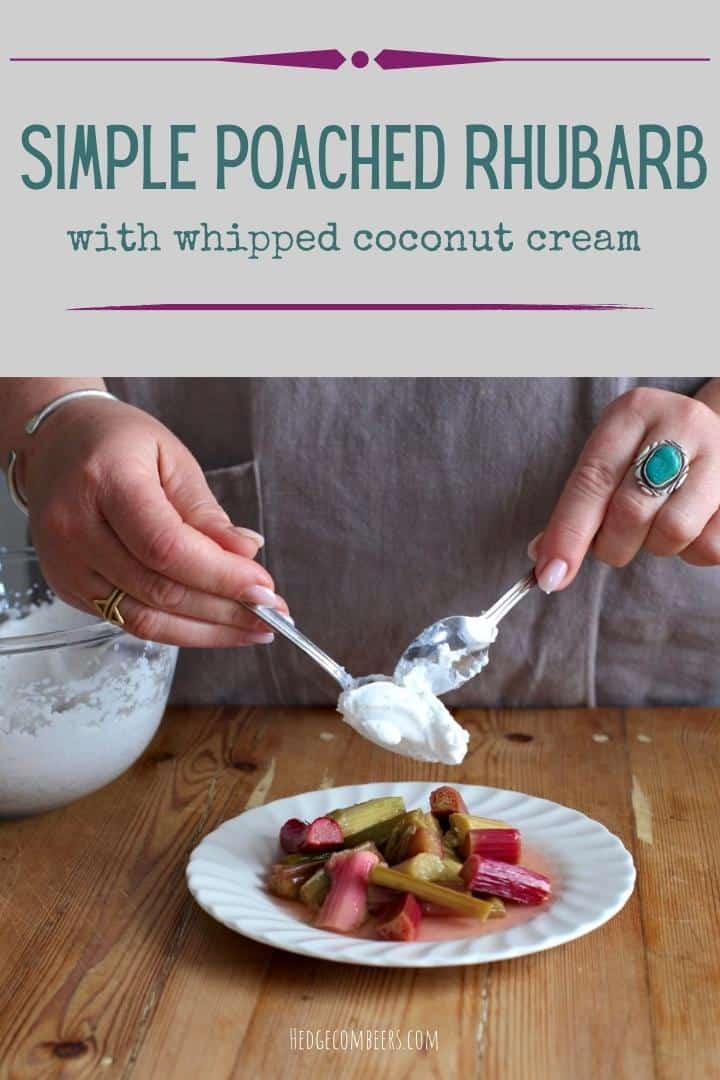 Woman spooning whipped vanilla coconut cream onto a white plate of poached rhubarb stems