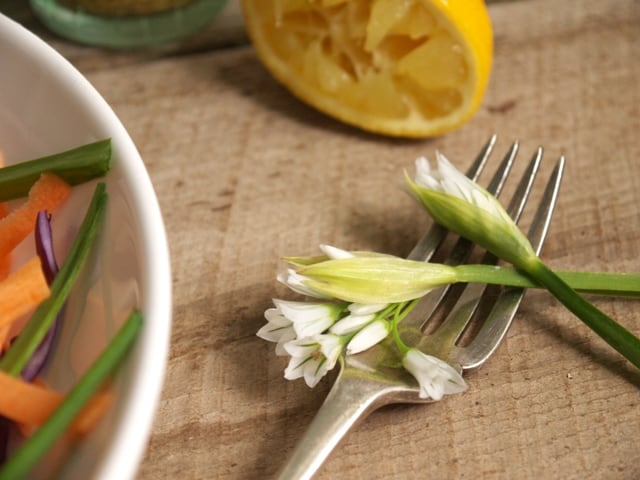 Fennel and Wild Garlic Salad with Mustard Dressing on a white plate with a cut lemon and garlic flowers entwined in a fork