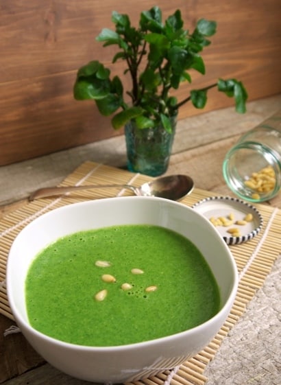 A recipe for fresh watercress and pine nut soup