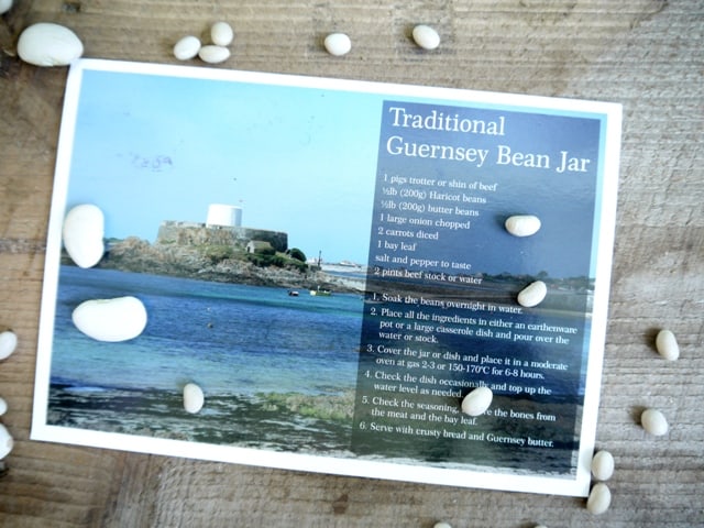 Traditional Guernsey Bean Jar recipe on a postcard