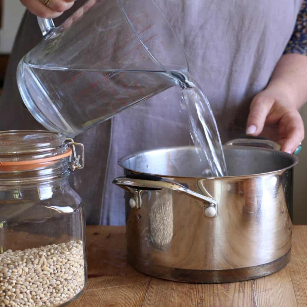 Woman pouring water from a large glass jug into a silver saucepan