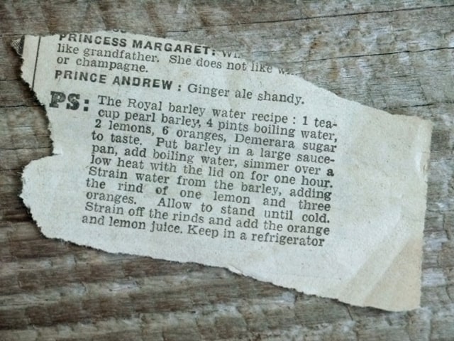 Royal Barley Water Recipe on a newspaper clipping