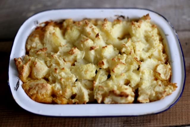 Moroccan Shepherd's Pie in an enamel dish