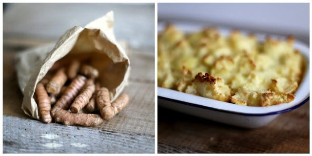 Fresh Tumeric root and an enamel dish of Moroccan Shepherd's Pie