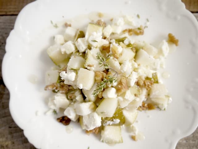 Pear, Walnut and Feta Salad with Warmed Herb Honey - The Hedgecombers