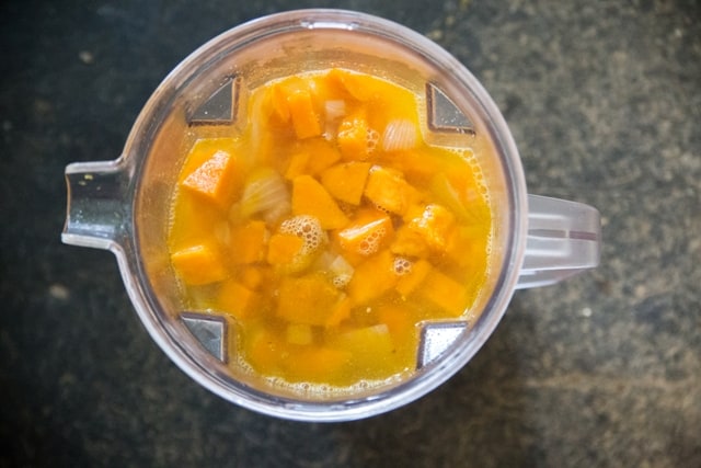 Sweet Potato, Walnut and Sage Soup in a blender