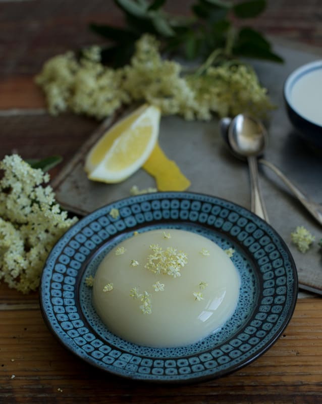 Elderflower Panna Cotta (Deliciously Dairy Free!) on a blue plate with lemom segment and elderflowers on a kitchen table