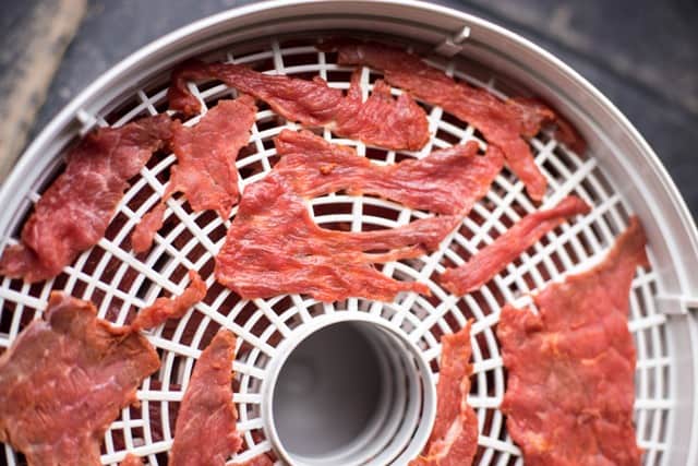 Salt and Pepper Beef Jerky in a dehydrator