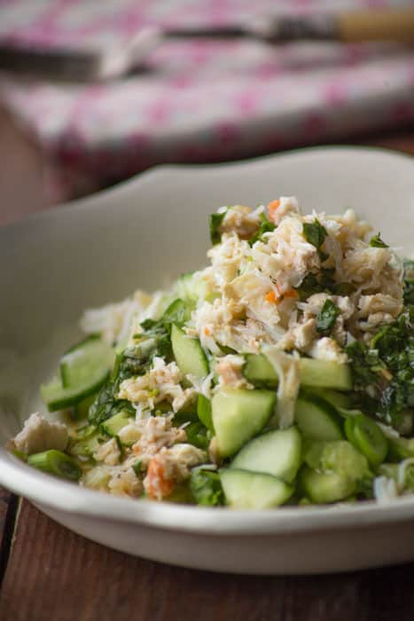 Asian Crab Salad with a fresh coriander dressing in a white bowl