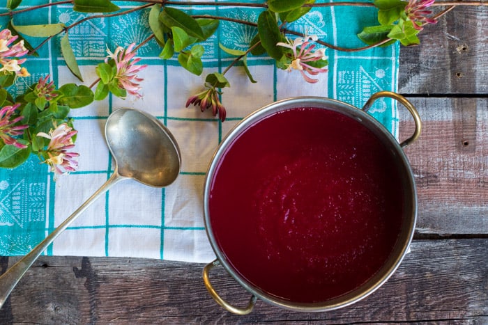 a pan of Beetroot and Sweet Potato Soup with a ladle and honeysuckle vines and flowers on a checkered cloth