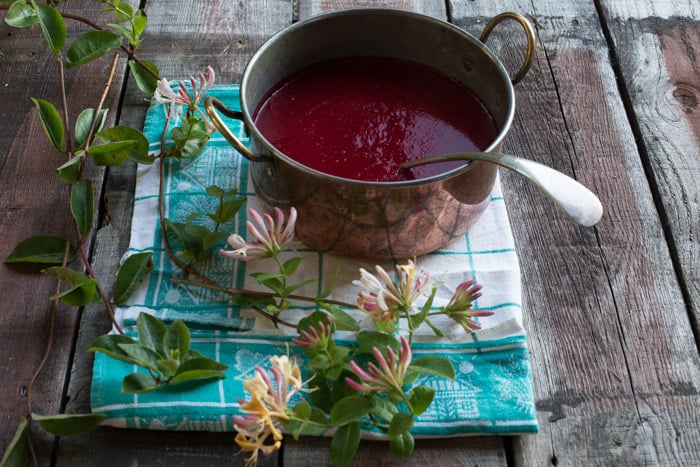 a pan of Beetroot and Sweet Potato Soup with a ladle and honeysuckle vines and flowers on a checkered cloth