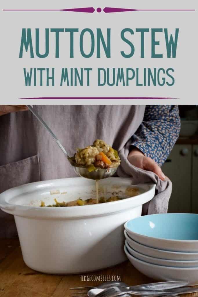 Woman ladling cooked mutton stew from a white slow cooker bowl into a blue serving bowl