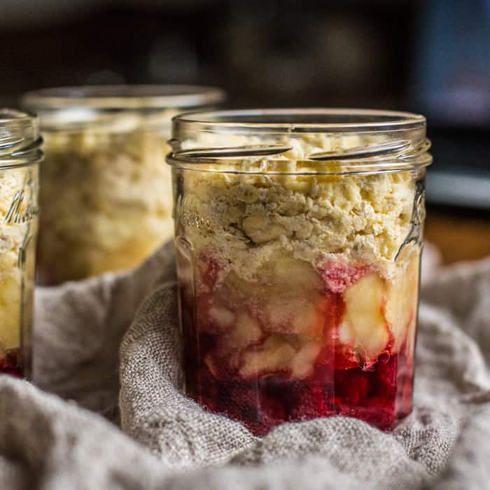  Close up of Crumble Pots showing layers of apple and raspberries