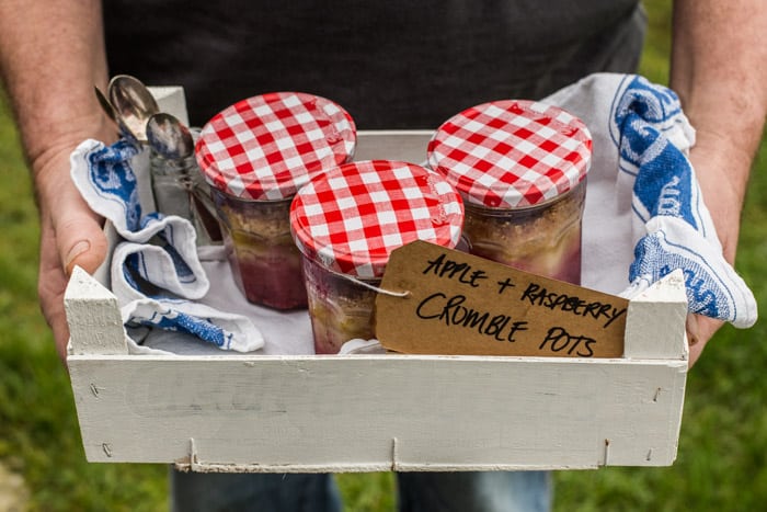 3 Crumble Pots held in a white box lined with a blue and white cloth