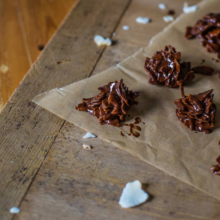 Coconut Chocolate Bites on piece of brown baking paper, one of my 25 Homemade Christmas Gift Ideas