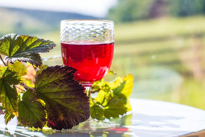 Homemade Blackcurrant Cassis in a glass on an outdoor table with Blackcurrant leaves 