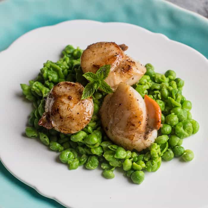Scallops on Smashed Minted Peas