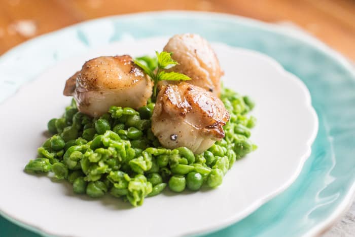 Scallops on Smashed Minted Peas