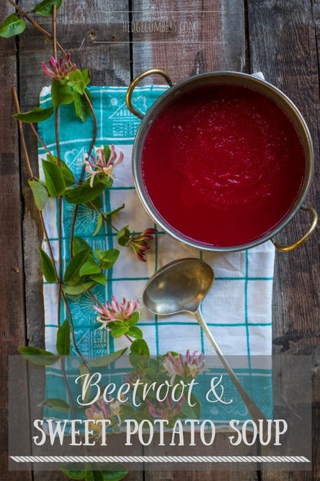 a pan of Beetroot and Sweet Potato Soup with a ladle and honeysuckle vines and flowers on a checkered cloth