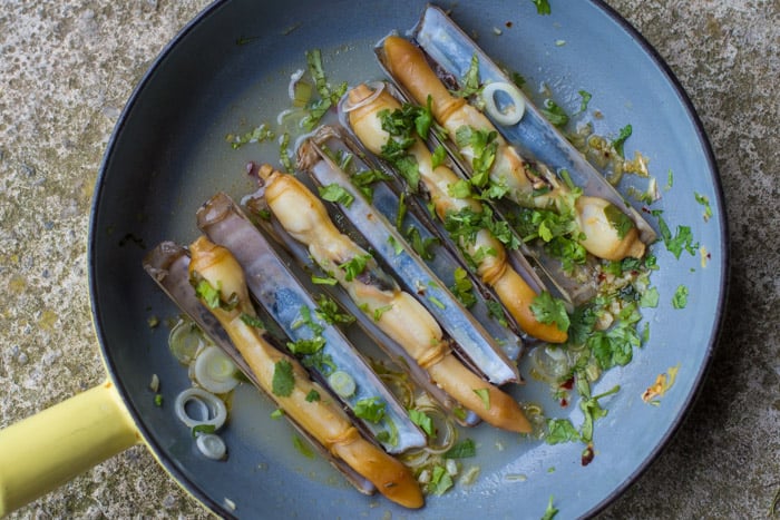 Asian Style Razor Clams in a blue pan