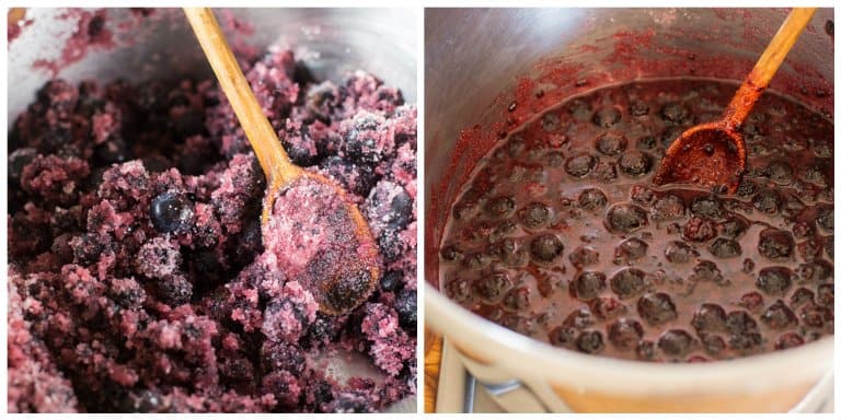 Sloe and Blackberry Hedgerow Jam cooking in a large jam pan