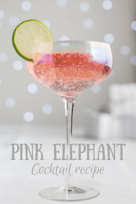 Glass of Pink Elephant Cocktail garnished with a slice of Lime